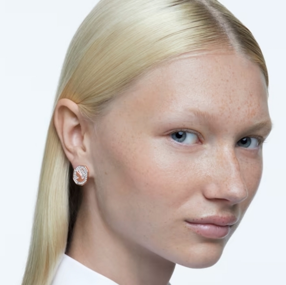 Signum stud earringsOctagon shape, Swan, White, Rose gold